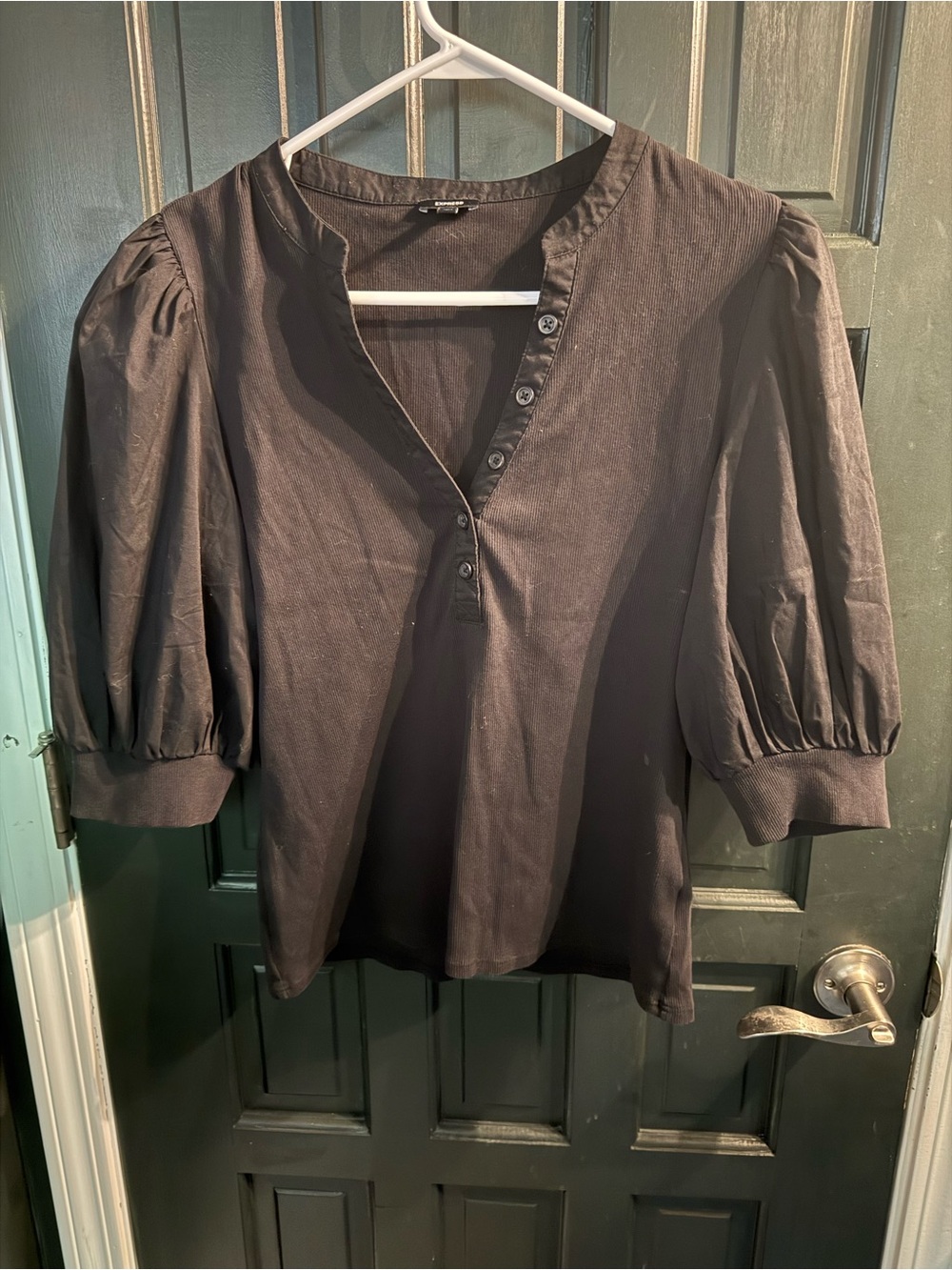 Express Black Puff-Sleeve Henley Top